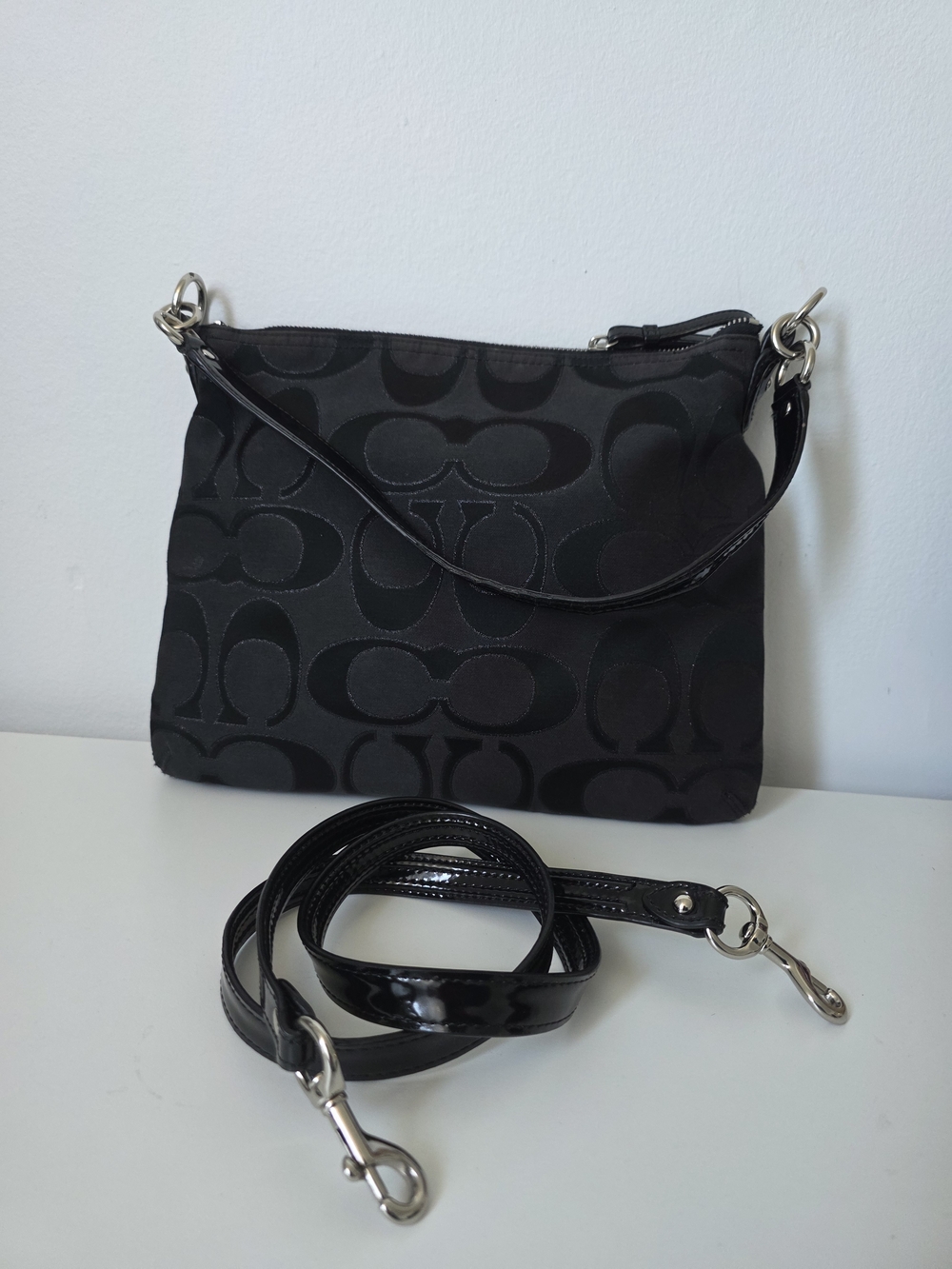 Coach Ashley Black Signature Monogram Jacquard Convertible Shoulder Crossbody Ba